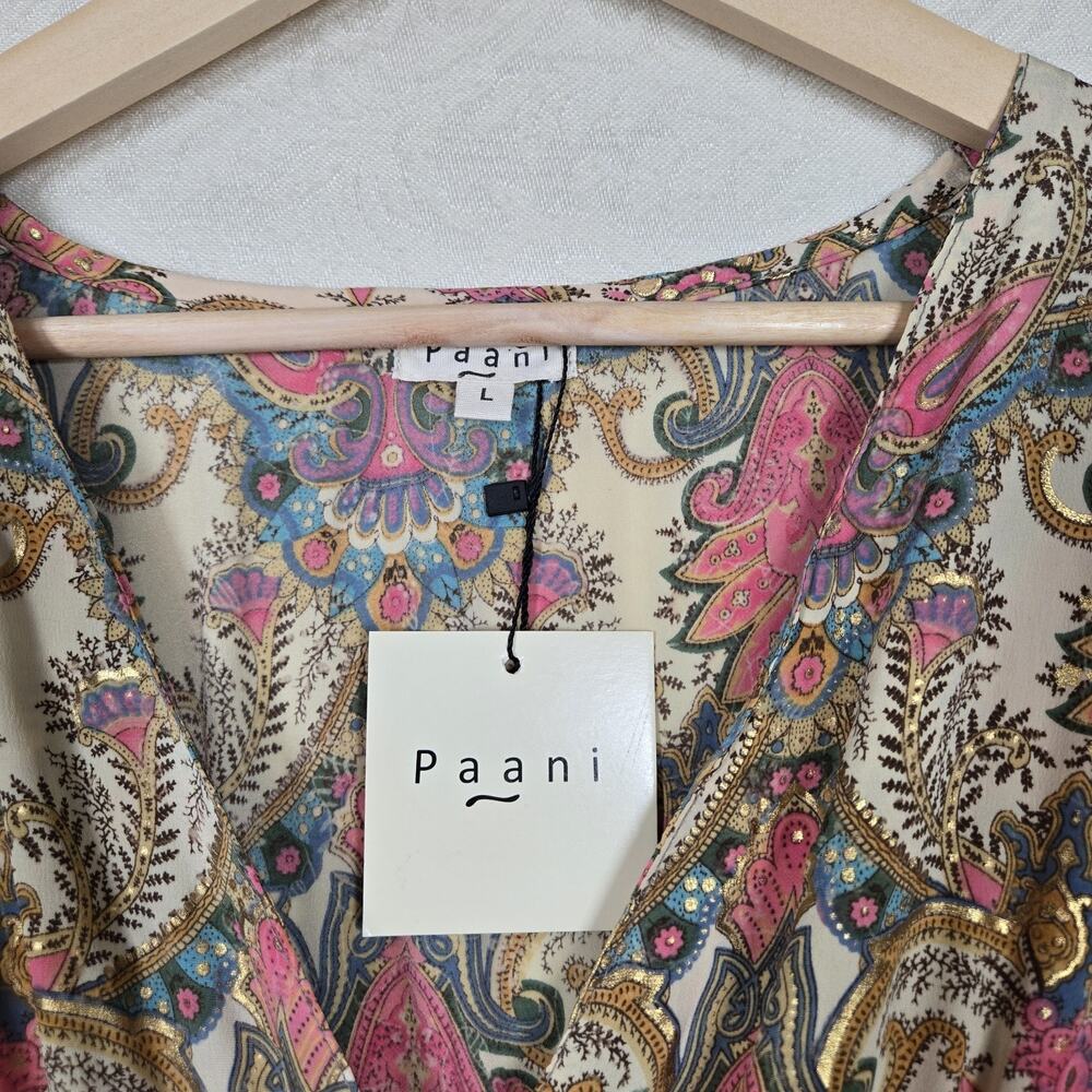 Paani Dress L Pink Paisley Smocked Bell Sleeve Boho Glam Ruffle - Picture 8 of 13